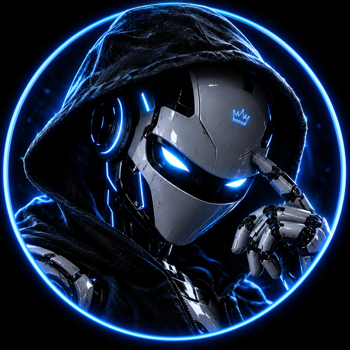Original NØDE character, a hooded silver robot framed by an electric-blue ring